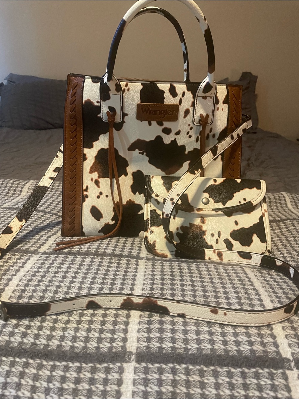 Wrangler Cream & Brown Cowhide Print Satchel with Detachable Crossbody Pouch